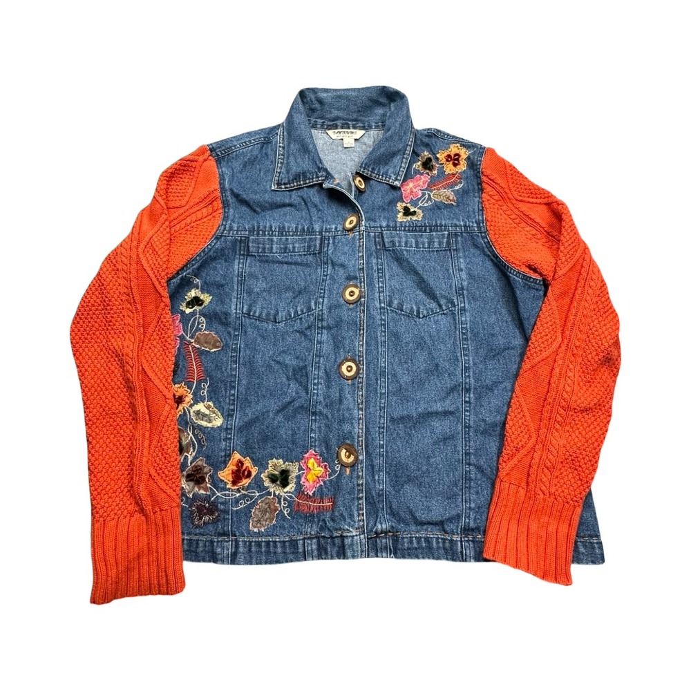 Tantrums Jacket Womens L Blue Orange Denim Knit Floral Embroidered Wood Buttons